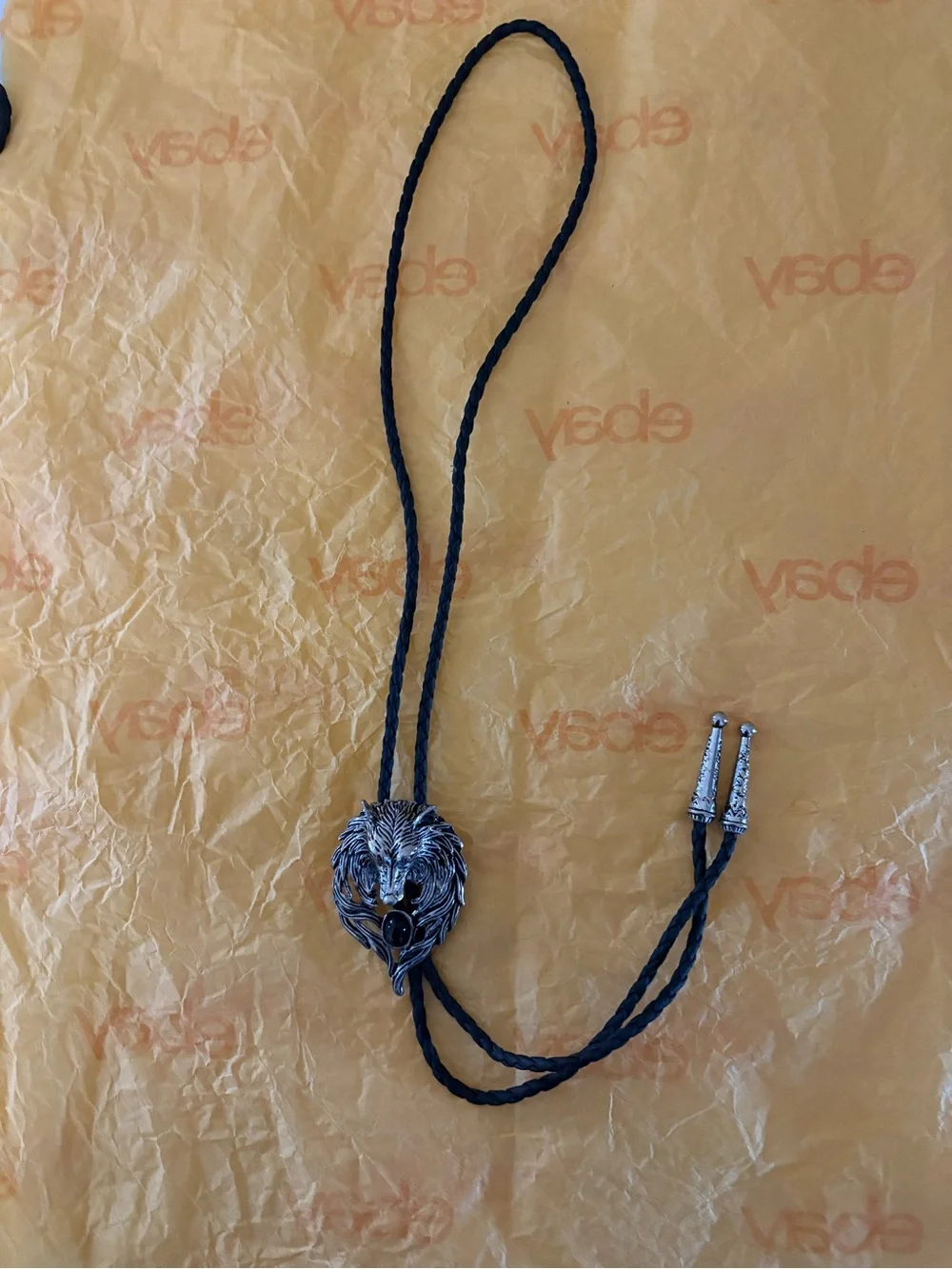 Silver Wolf Head Bolo Tie with Black Stone - Unbranded